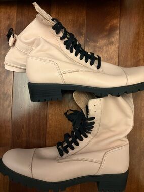 Zara Pink Leather Lace-Up Ankle Boots with Black Lug Sole